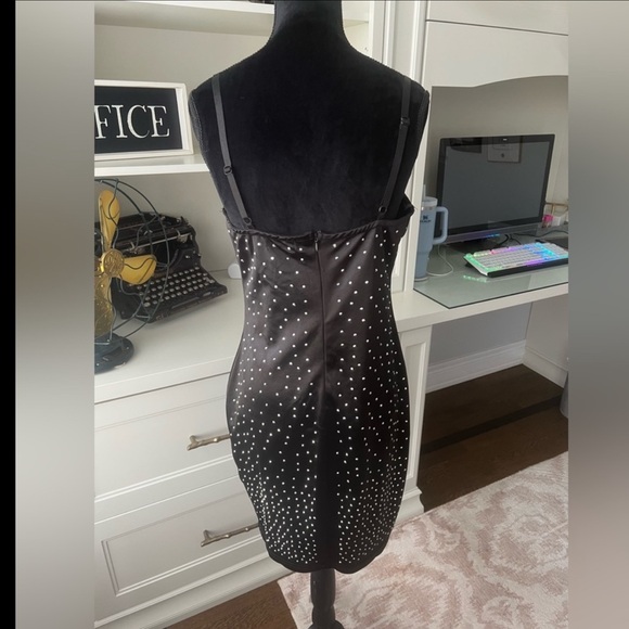 YAYA & CO. Black Satin Crystal Diamond Embellished Evening Midi Dress Size Large - Picture 12 of 16